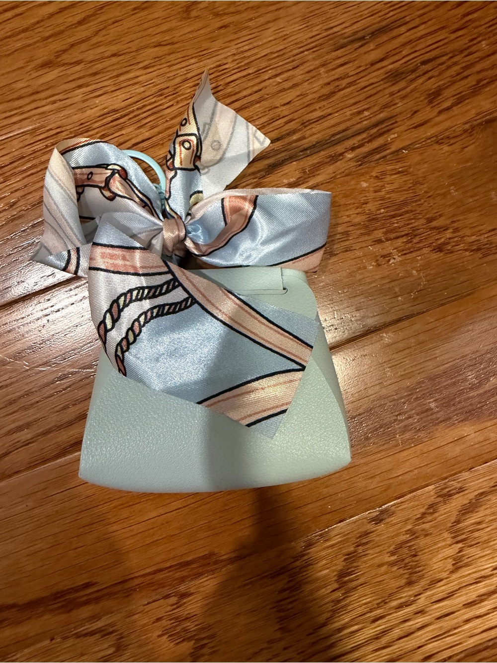 Mint Mini Handbag charm/ear bud holder with Cream & Peach Scarf Accent
